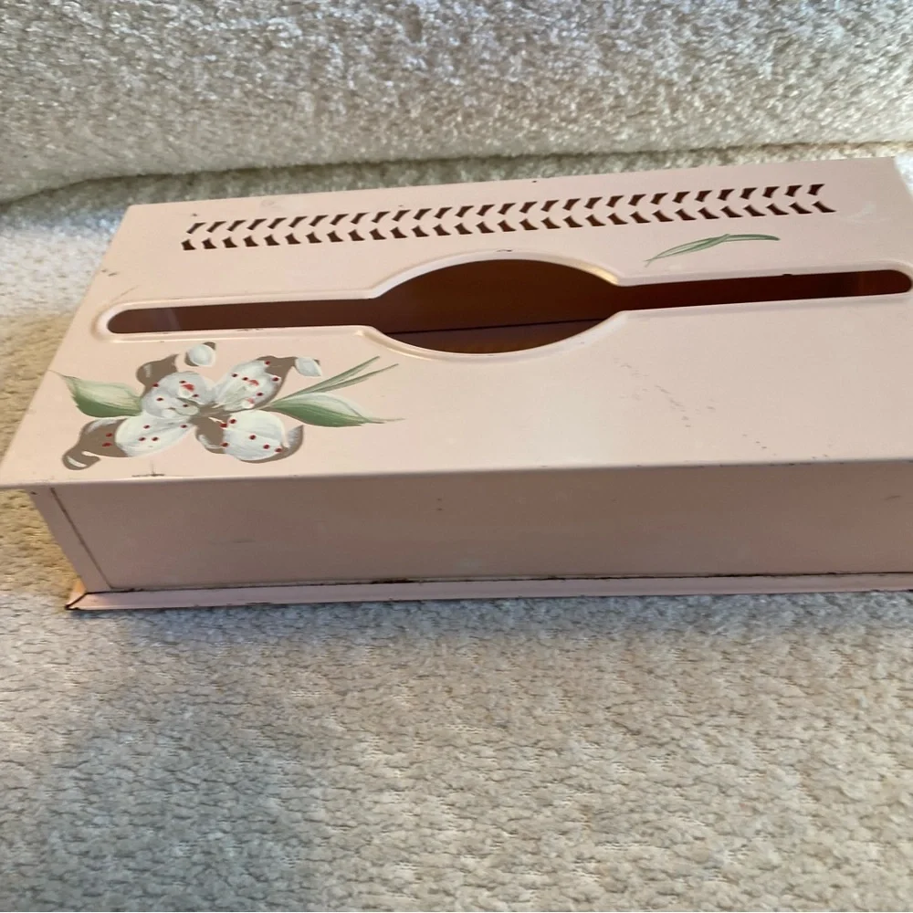 Vintage Tole Ware Metal Hand Painted Pink Floral Wall Tissue Box Cover